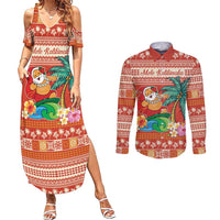 Hawaii Mele Kalikimaka Couples Matching Summer Maxi Dress and Long Sleeve Button Shirt Surfing Santa Funny Christmas LT9 Red - Polynesian Pride