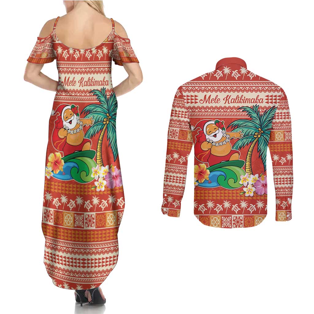 Hawaii Mele Kalikimaka Couples Matching Summer Maxi Dress and Long Sleeve Button Shirt Surfing Santa Funny Christmas LT9 - Polynesian Pride