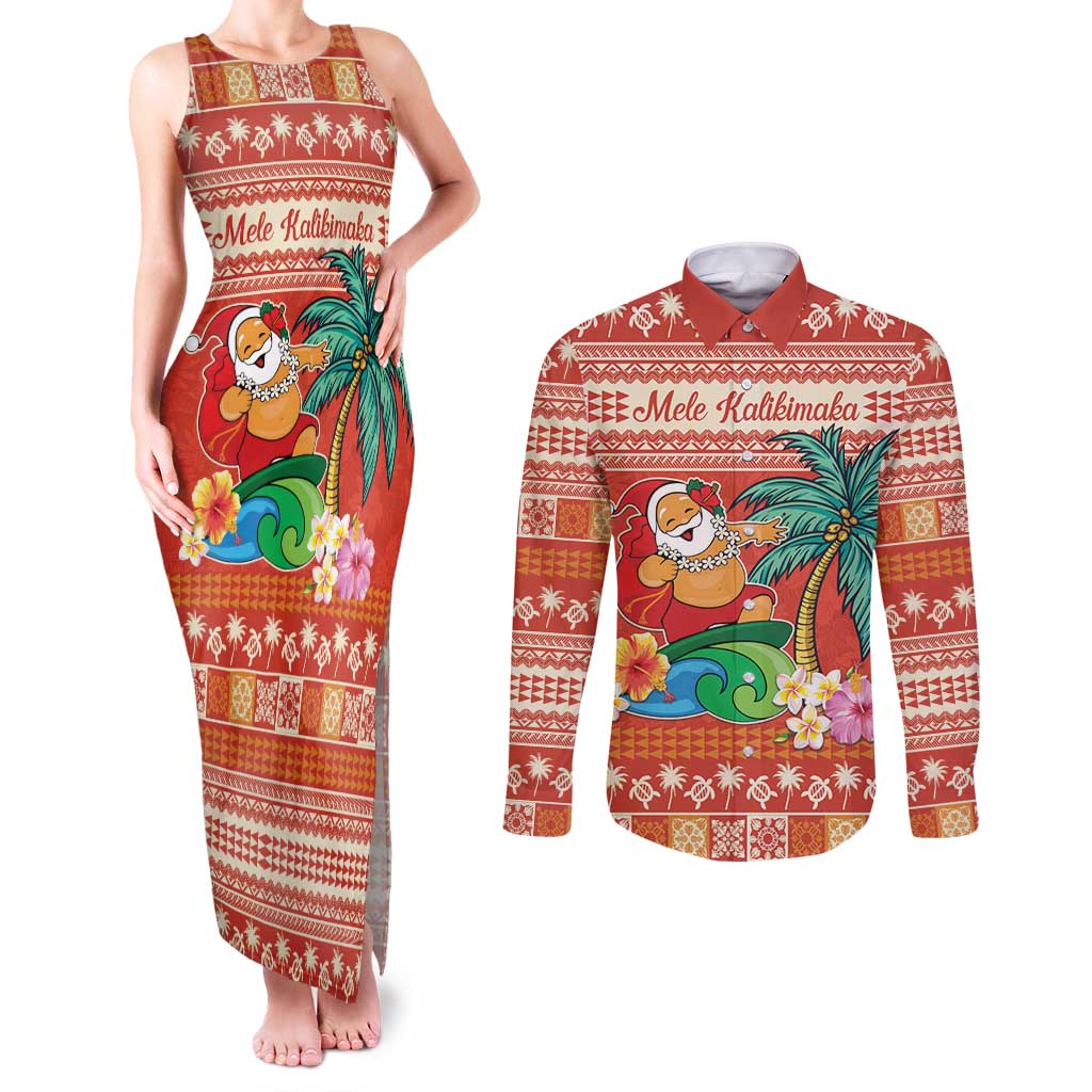 Hawaii Mele Kalikimaka Couples Matching Tank Maxi Dress and Long Sleeve Button Shirt Surfing Santa Funny Christmas LT9 Red - Polynesian Pride