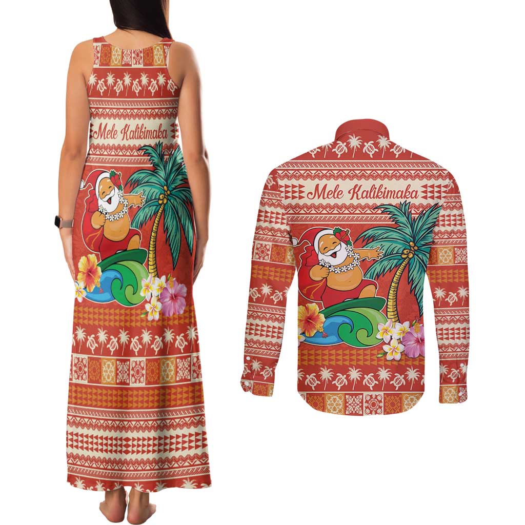 Hawaii Mele Kalikimaka Couples Matching Tank Maxi Dress and Long Sleeve Button Shirt Surfing Santa Funny Christmas LT9 - Polynesian Pride