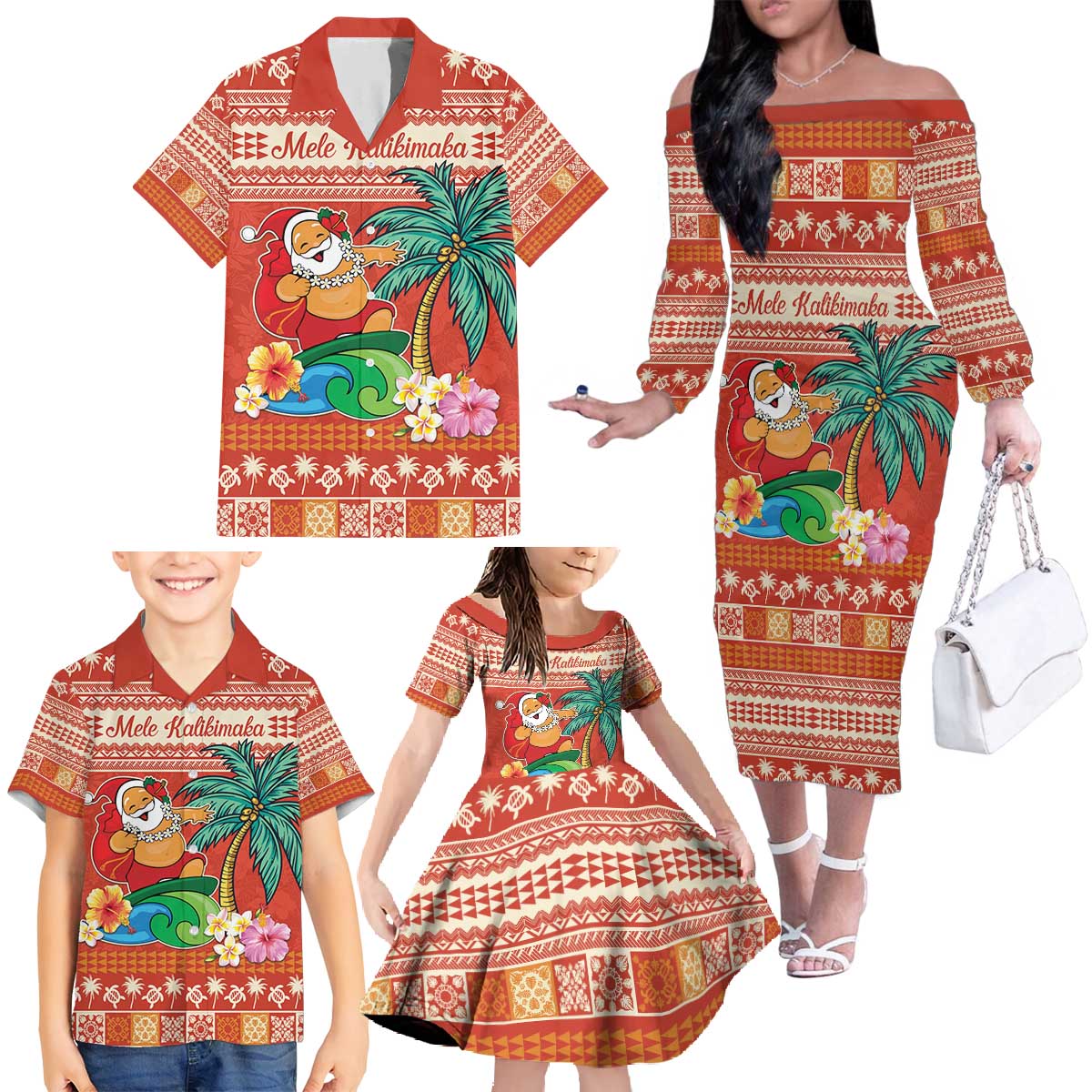 Hawaii Mele Kalikimaka Family Matching Off The Shoulder Long Sleeve Dress and Hawaiian Shirt Surfing Santa Funny Christmas