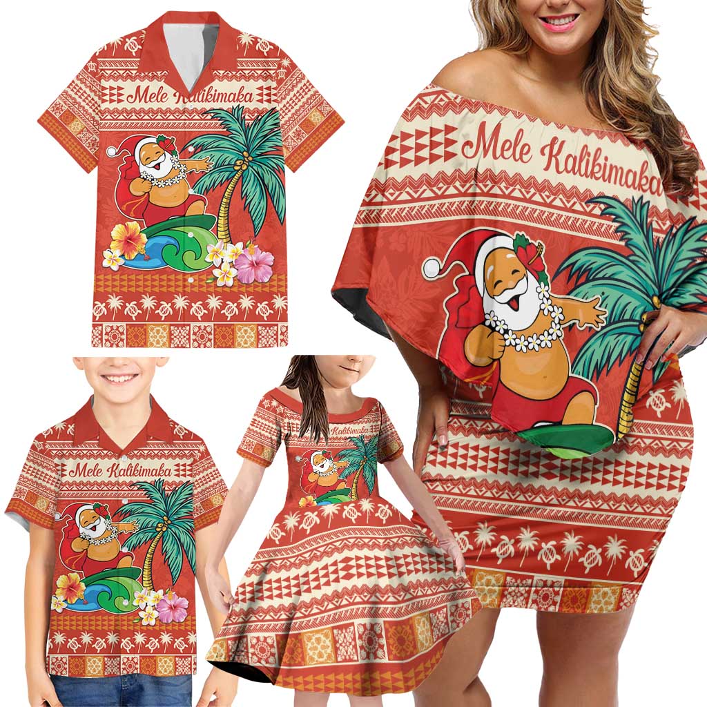 Hawaii Mele Kalikimaka Family Matching Off Shoulder Short Dress and Hawaiian Shirt Surfing Santa Funny Christmas