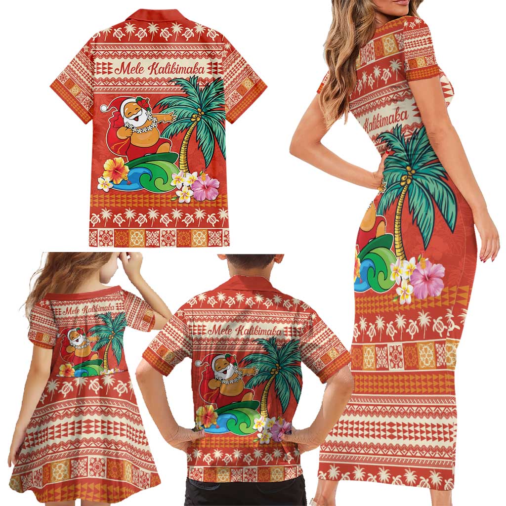 Hawaii Mele Kalikimaka Family Matching Short Sleeve Bodycon Dress and Hawaiian Shirt Surfing Santa Funny Christmas