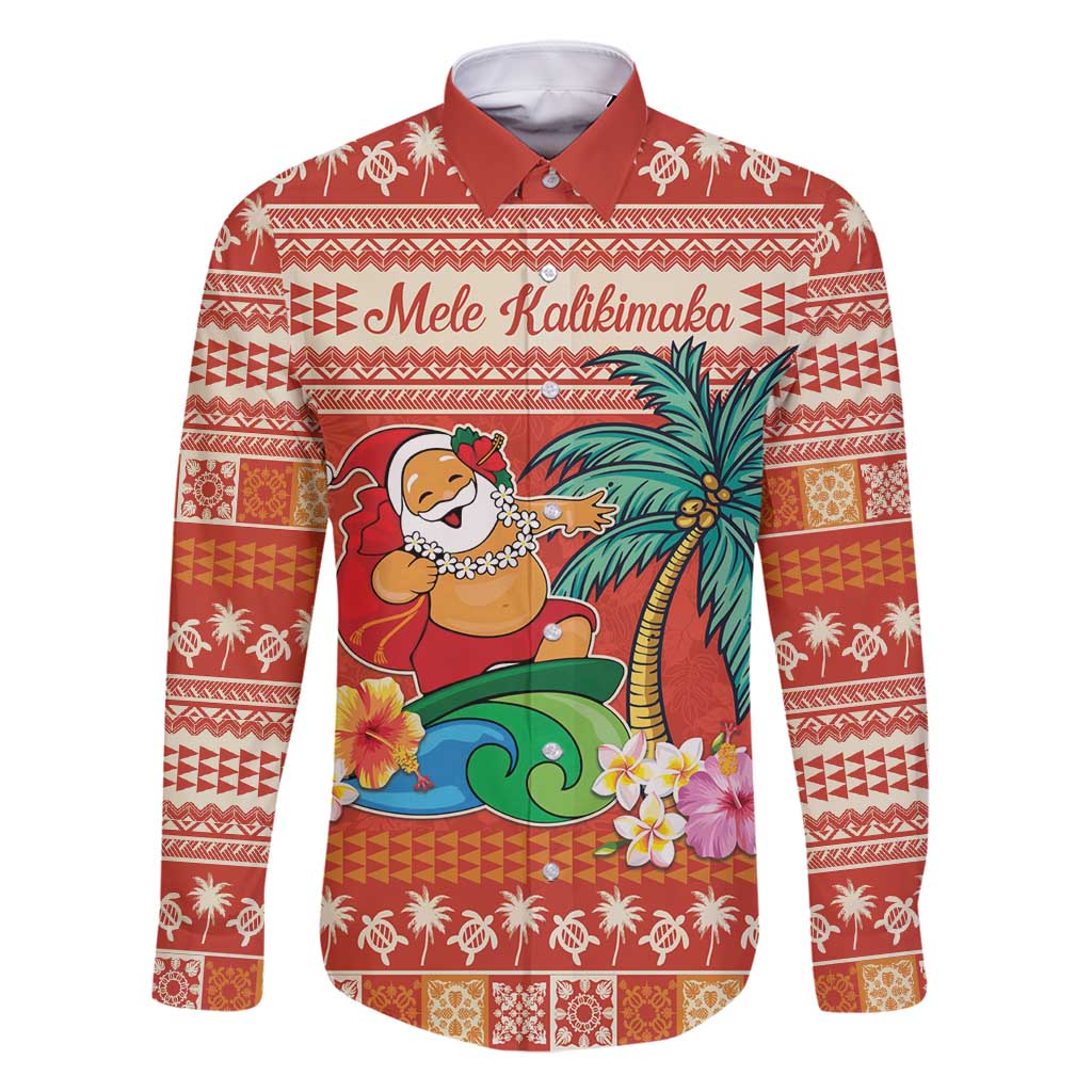 Hawaii Mele Kalikimaka Family Matching Tank Maxi Dress and Hawaiian Shirt Surfing Santa Funny Christmas LT9 Dad's Shirt - Long Sleeve Red - Polynesian Pride