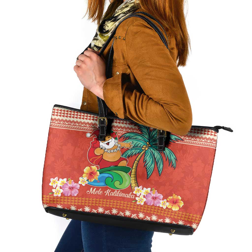 Hawaii Mele Kalikimaka Leather Tote Bag Surfing Santa Funny Christmas LT9 Red - Polynesian Pride