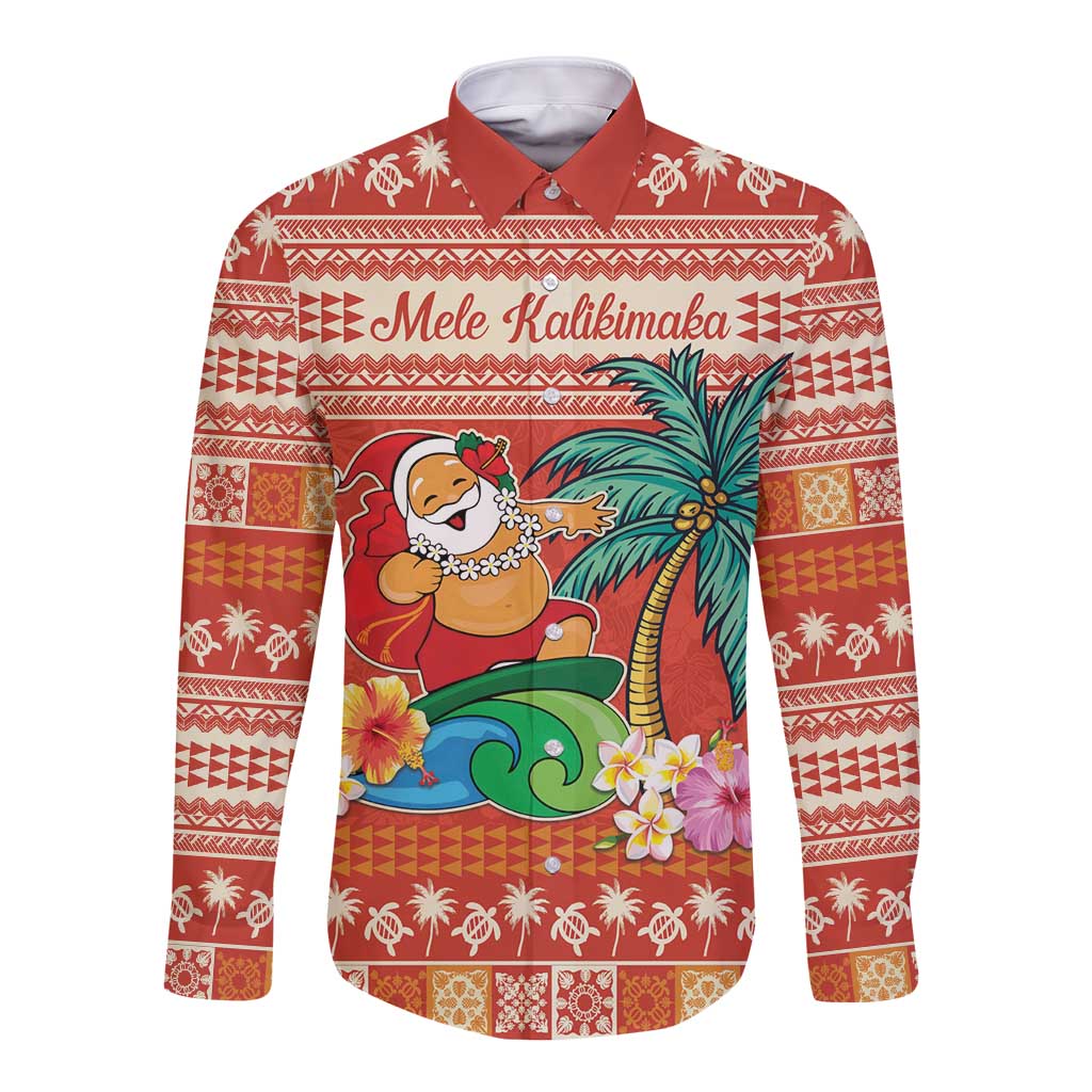 Hawaii Mele Kalikimaka Long Sleeve Button Shirt Surfing Santa Funny Christmas LT9 Unisex Red - Polynesian Pride