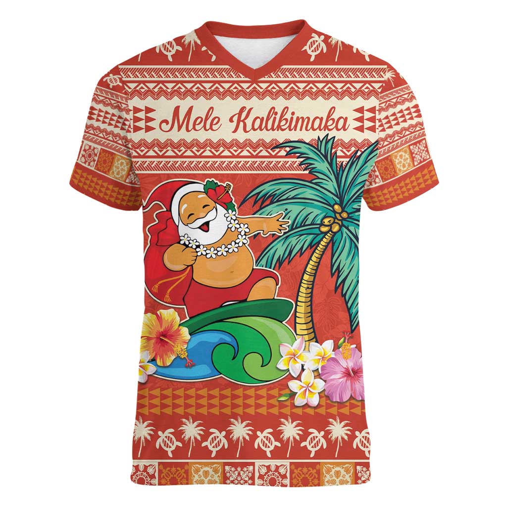 Hawaii Mele Kalikimaka Women V-Neck T-Shirt Surfing Santa Funny Christmas