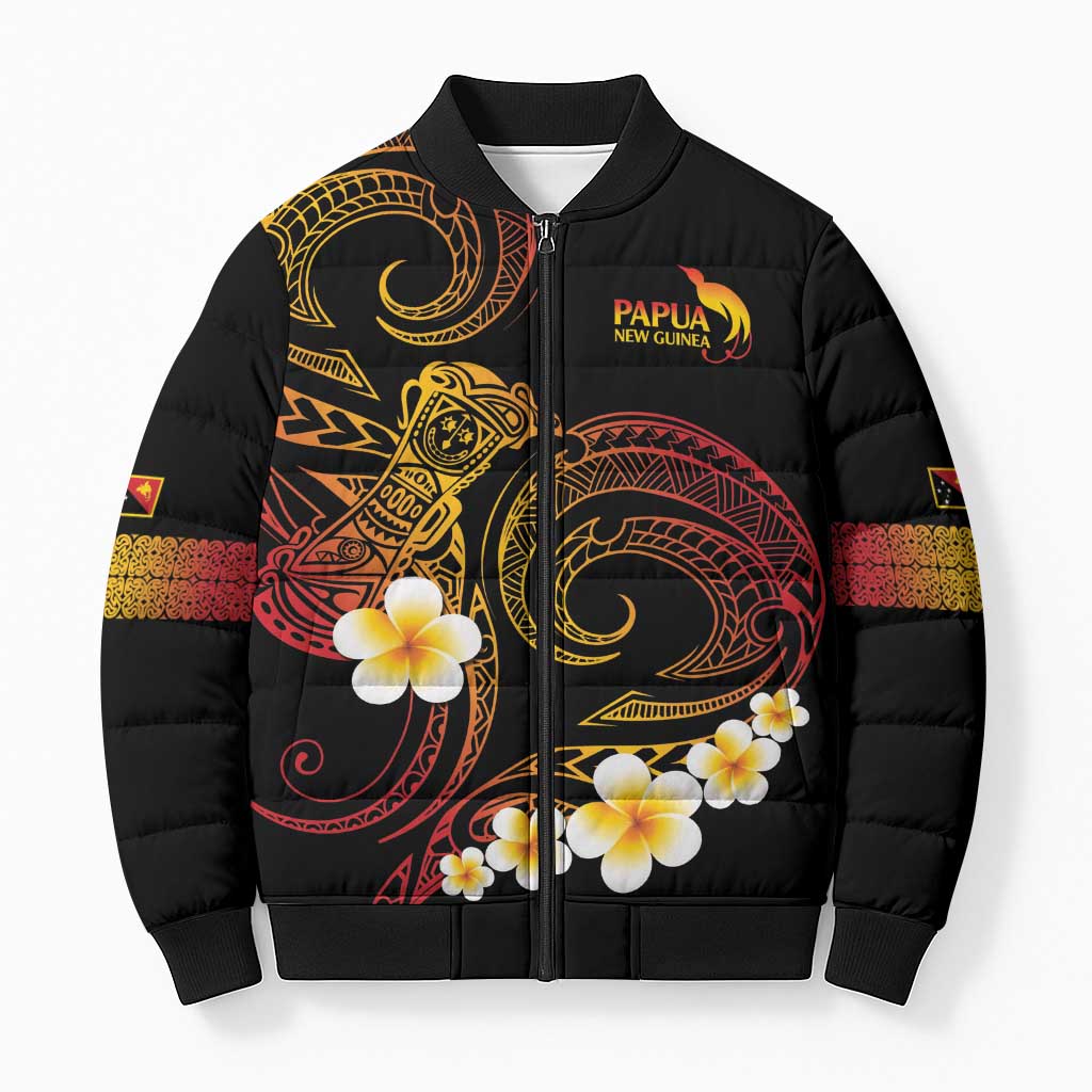 Personalised Papua New Guinea Sepik Bomber Puffer Jacket Plumeria Floral Tribal Pattern - Polynesian Pride