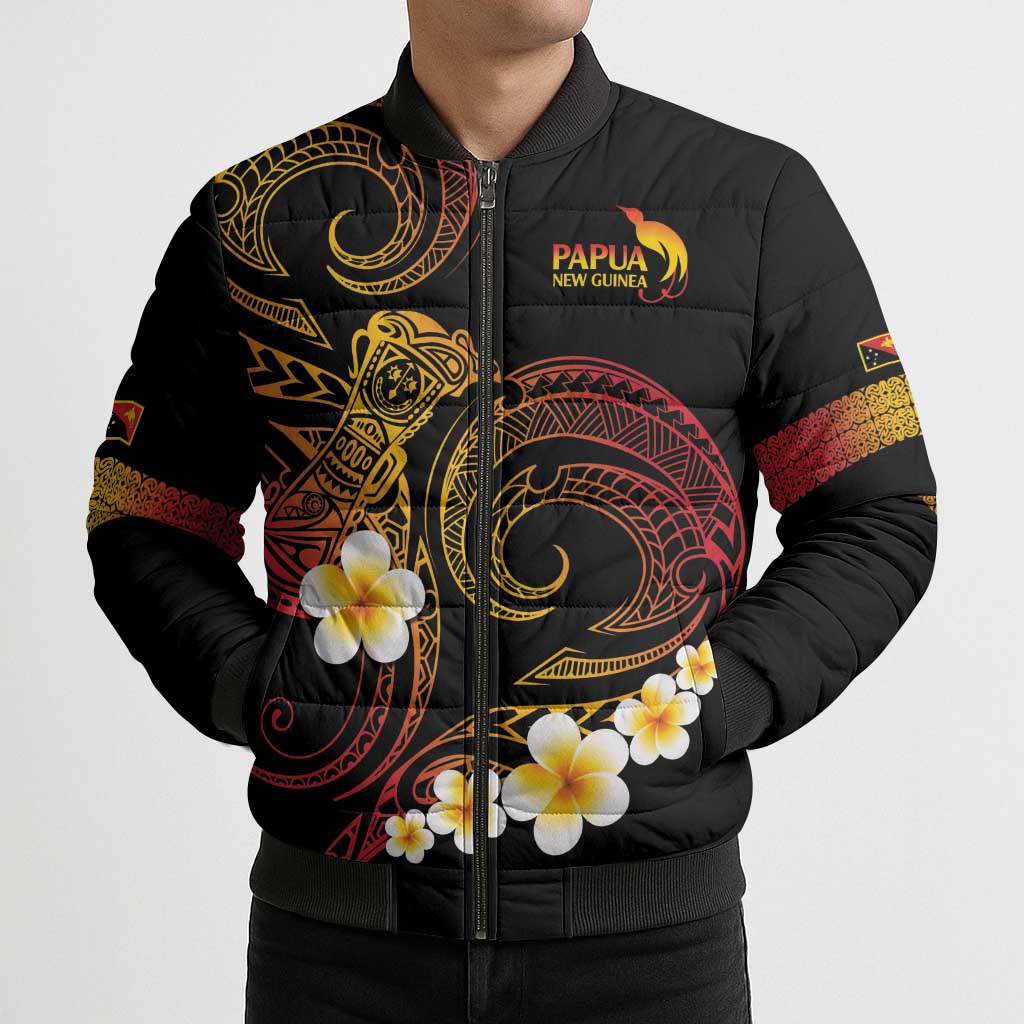 Personalised Papua New Guinea Sepik Bomber Puffer Jacket Plumeria Floral Tribal Pattern - Polynesian Pride