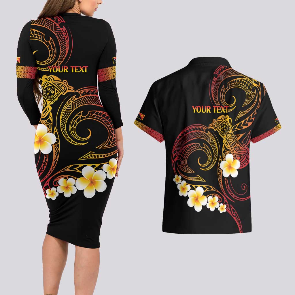 Personalised Papua New Guinea Sepik Couples Matching Long Sleeve Bodycon Dress and Hawaiian Shirt Plumeria Floral Tribal Pattern - Polynesian Pride