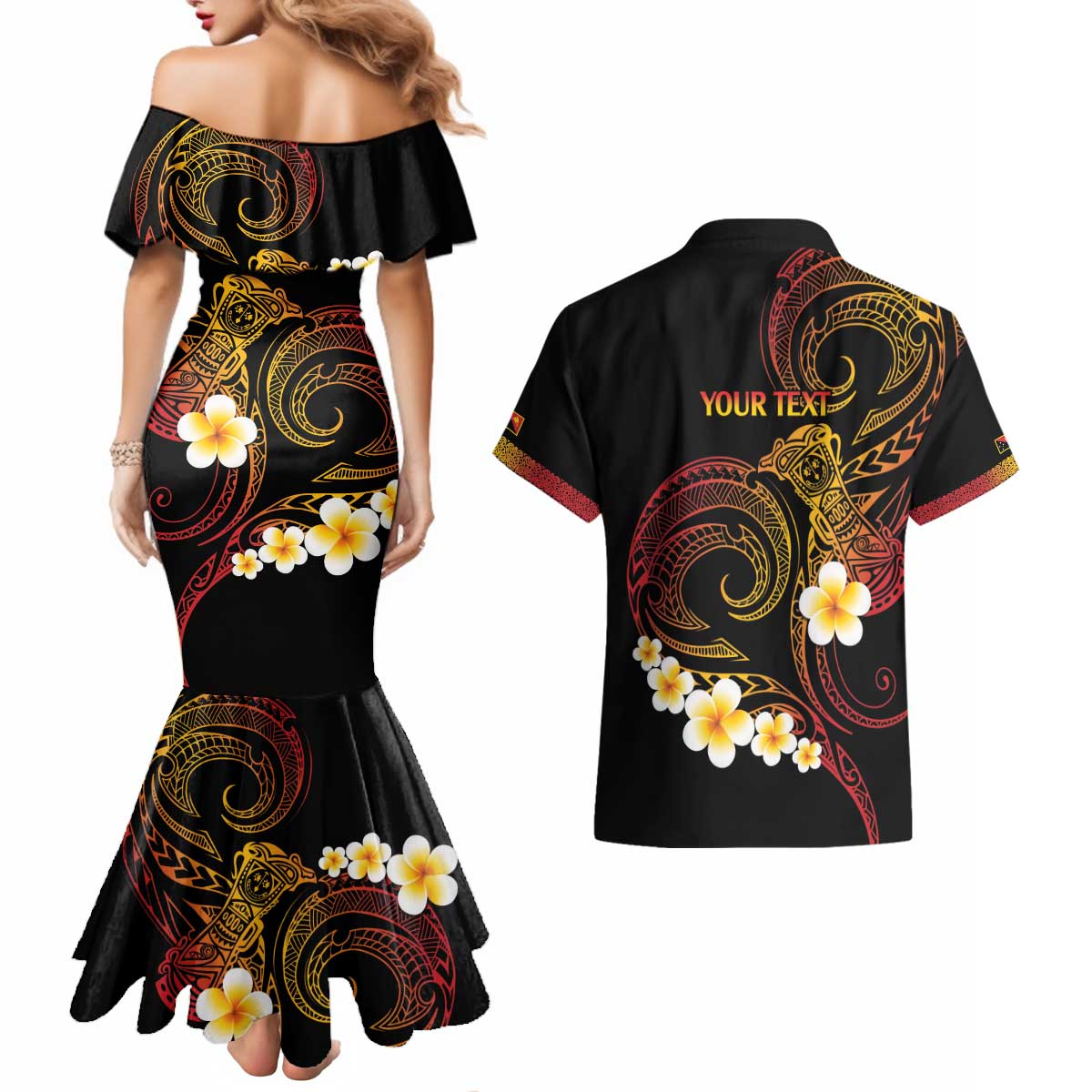 Personalised Papua New Guinea Sepik Couples Matching Mermaid Dress and Hawaiian Shirt Plumeria Floral Tribal Pattern - Polynesian Pride