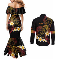 Personalised Papua New Guinea Sepik Couples Matching Mermaid Dress and Long Sleeve Button Shirt Plumeria Floral Tribal Pattern - Polynesian Pride