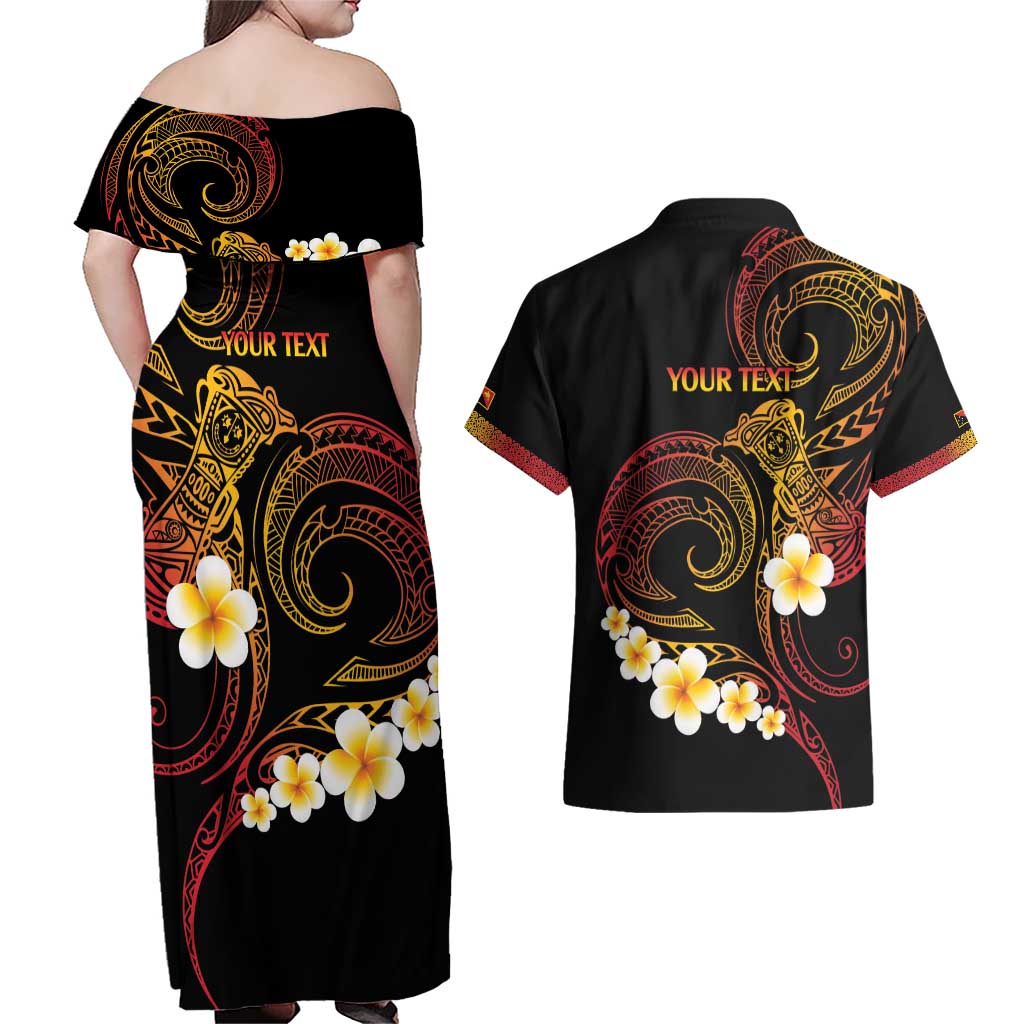 Personalised Papua New Guinea Sepik Couples Matching Off Shoulder Maxi Dress and Hawaiian Shirt Plumeria Floral Tribal Pattern - Polynesian Pride