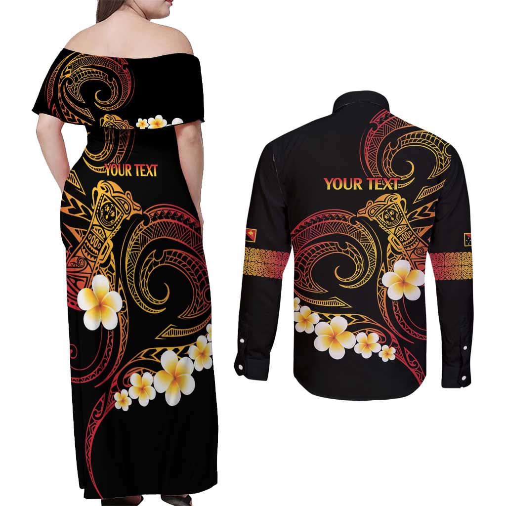 Personalised Papua New Guinea Sepik Couples Matching Off Shoulder Maxi Dress and Long Sleeve Button Shirt Plumeria Floral Tribal Pattern - Polynesian Pride