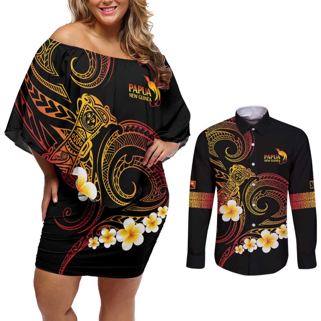 Personalised Papua New Guinea Sepik Couples Matching Off Shoulder Short Dress and Long Sleeve Button Shirt Plumeria Floral Tribal Pattern - Polynesian Pride