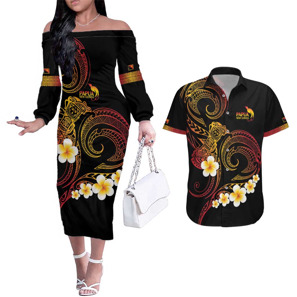 Personalised Papua New Guinea Sepik Couples Matching Off The Shoulder Long Sleeve Dress and Hawaiian Shirt Plumeria Floral Tribal Pattern - Polynesian Pride