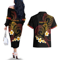 Personalised Papua New Guinea Sepik Couples Matching Off The Shoulder Long Sleeve Dress and Hawaiian Shirt Plumeria Floral Tribal Pattern - Polynesian Pride