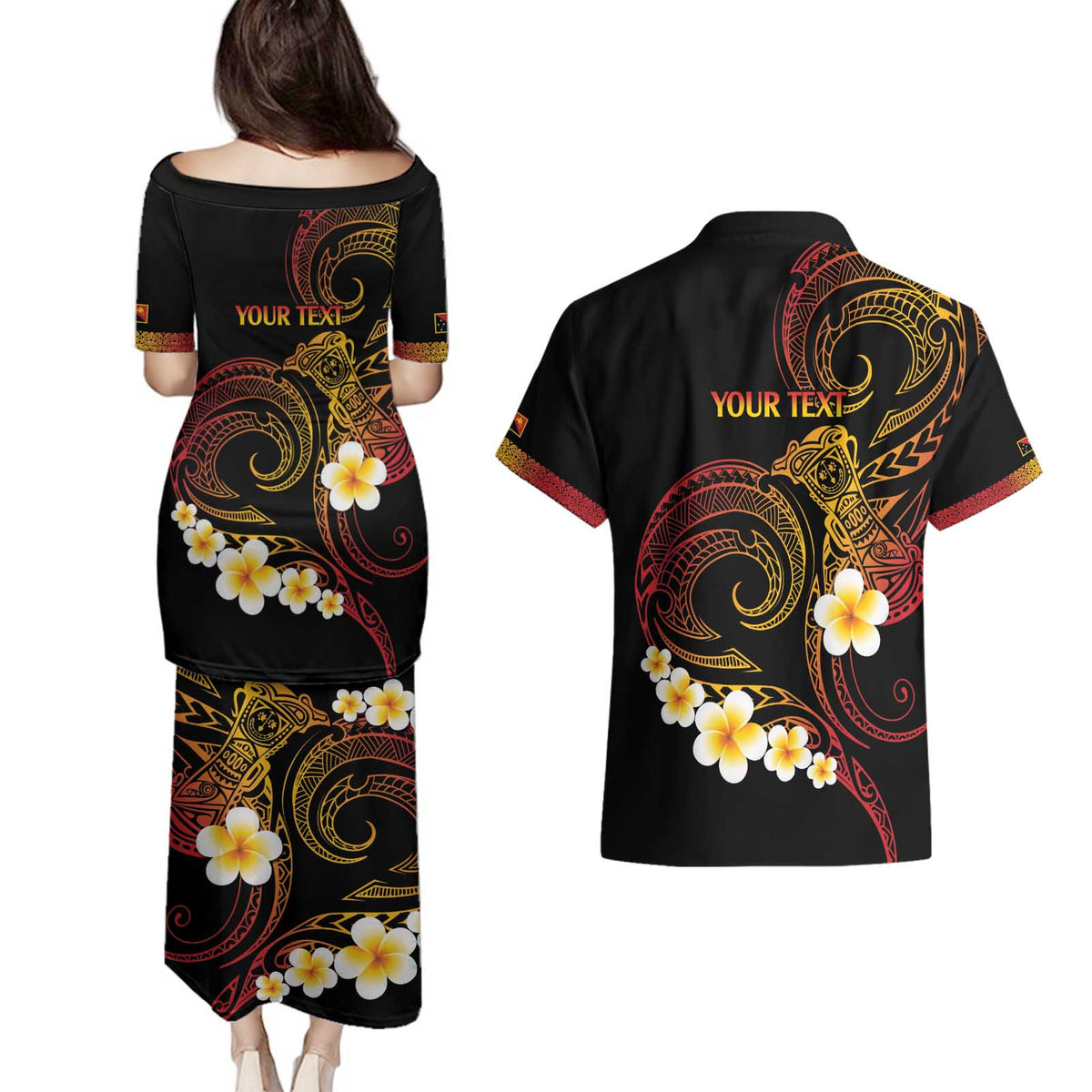 Personalised Papua New Guinea Sepik Couples Matching Puletasi and Hawaiian Shirt Plumeria Floral Tribal Pattern - Polynesian Pride