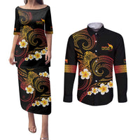 Personalised Papua New Guinea Sepik Couples Matching Puletasi and Long Sleeve Button Shirt Plumeria Floral Tribal Pattern - Polynesian Pride