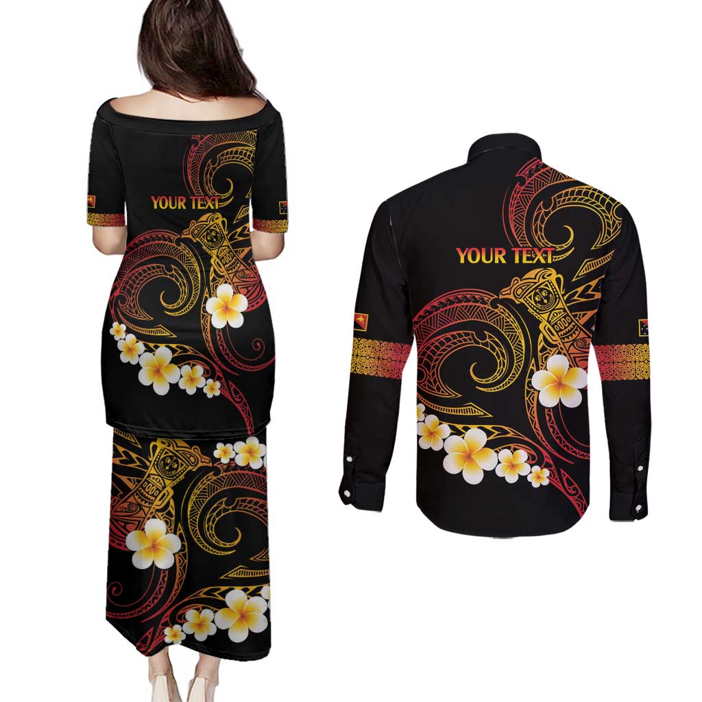 Personalised Papua New Guinea Sepik Couples Matching Puletasi and Long Sleeve Button Shirt Plumeria Floral Tribal Pattern - Polynesian Pride