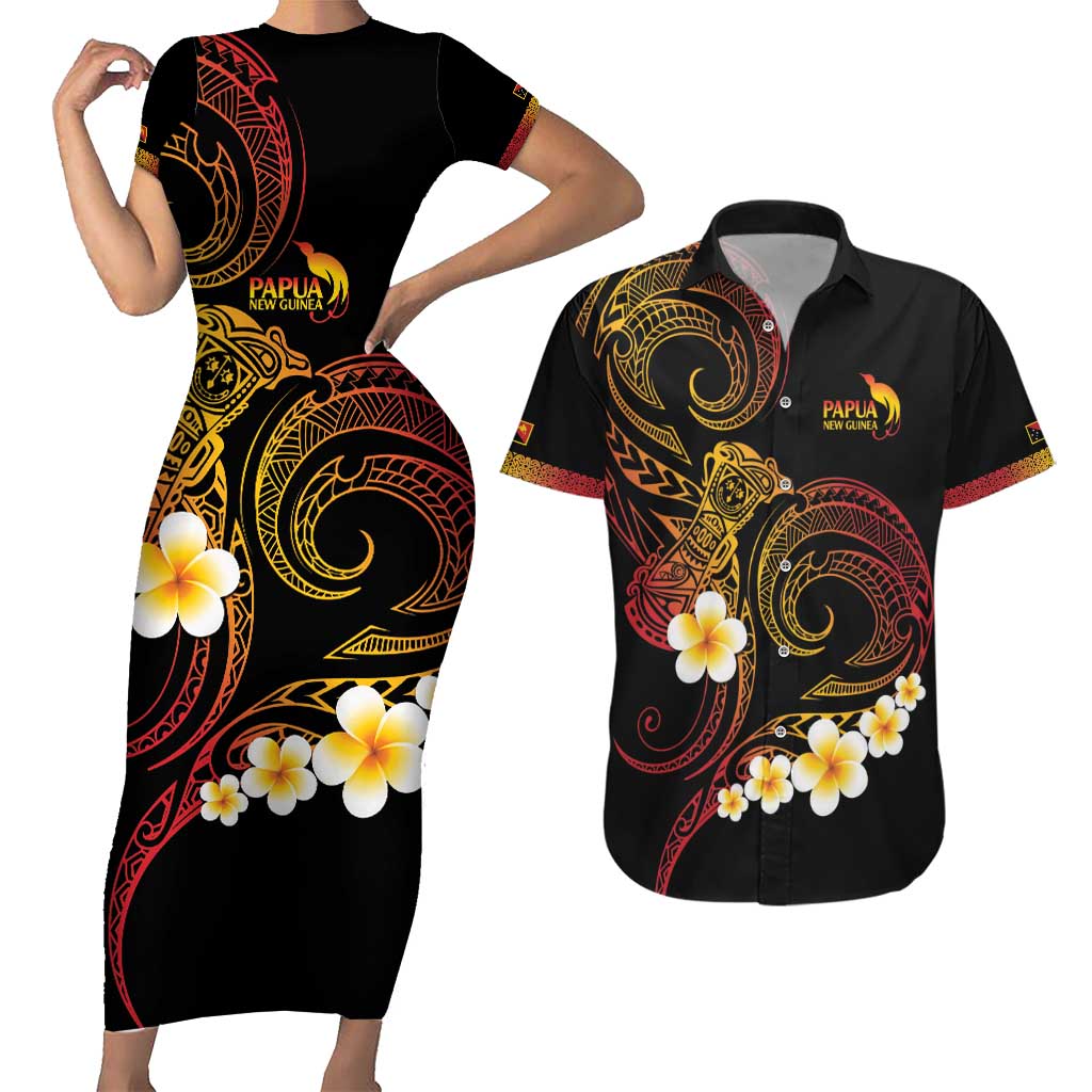Personalised Papua New Guinea Sepik Couples Matching Short Sleeve Bodycon Dress and Hawaiian Shirt Plumeria Floral Tribal Pattern - Polynesian Pride