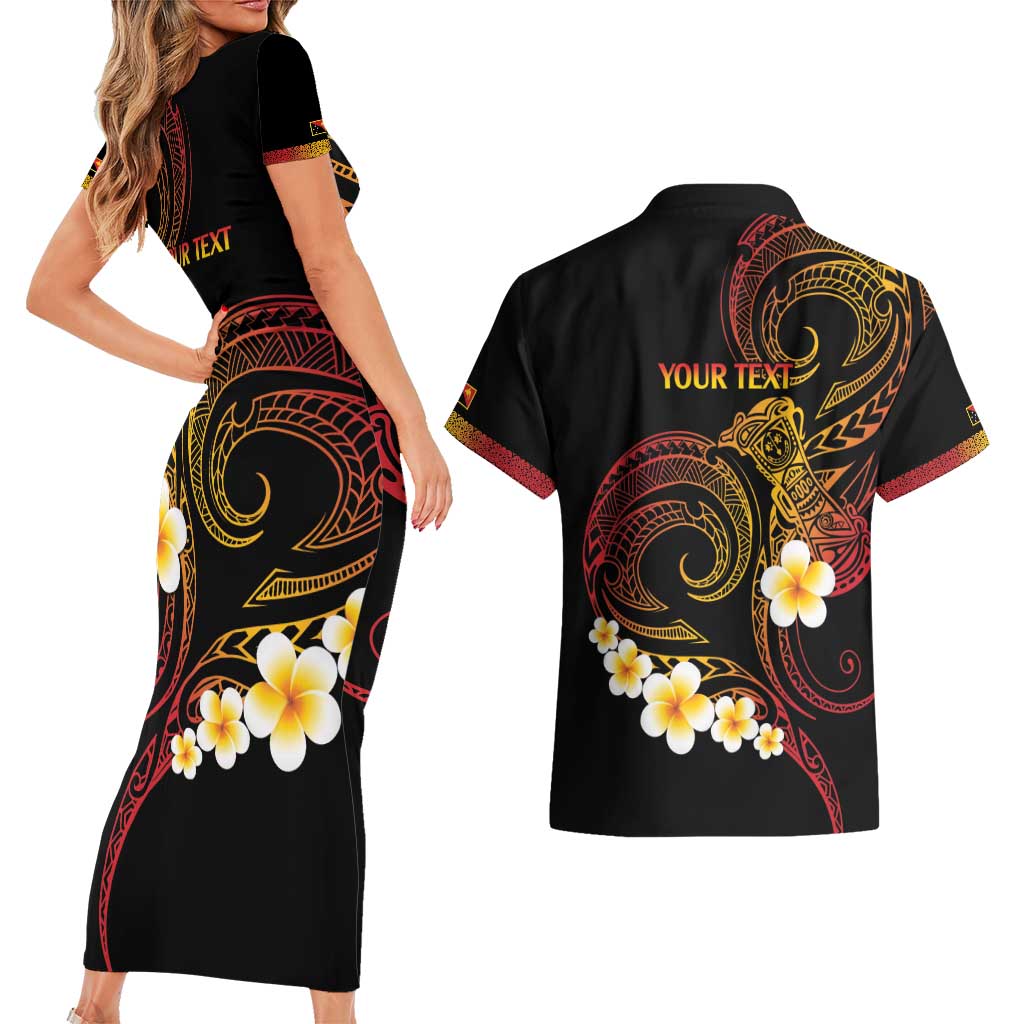 Personalised Papua New Guinea Sepik Couples Matching Short Sleeve Bodycon Dress and Hawaiian Shirt Plumeria Floral Tribal Pattern - Polynesian Pride