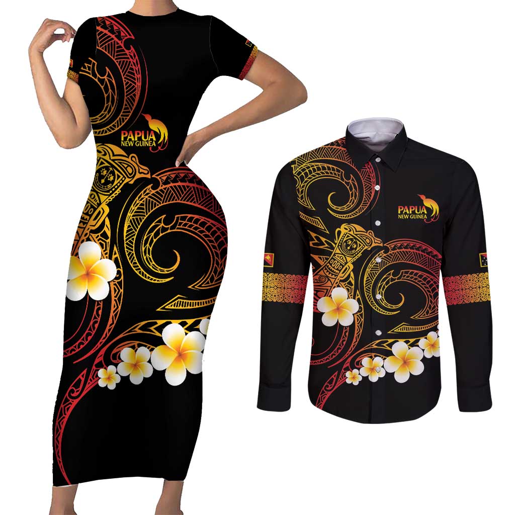Personalised Papua New Guinea Sepik Couples Matching Short Sleeve Bodycon Dress and Long Sleeve Button Shirt Plumeria Floral Tribal Pattern - Polynesian Pride