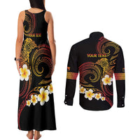 Personalised Papua New Guinea Sepik Couples Matching Tank Maxi Dress and Long Sleeve Button Shirt Plumeria Floral Tribal Pattern - Polynesian Pride