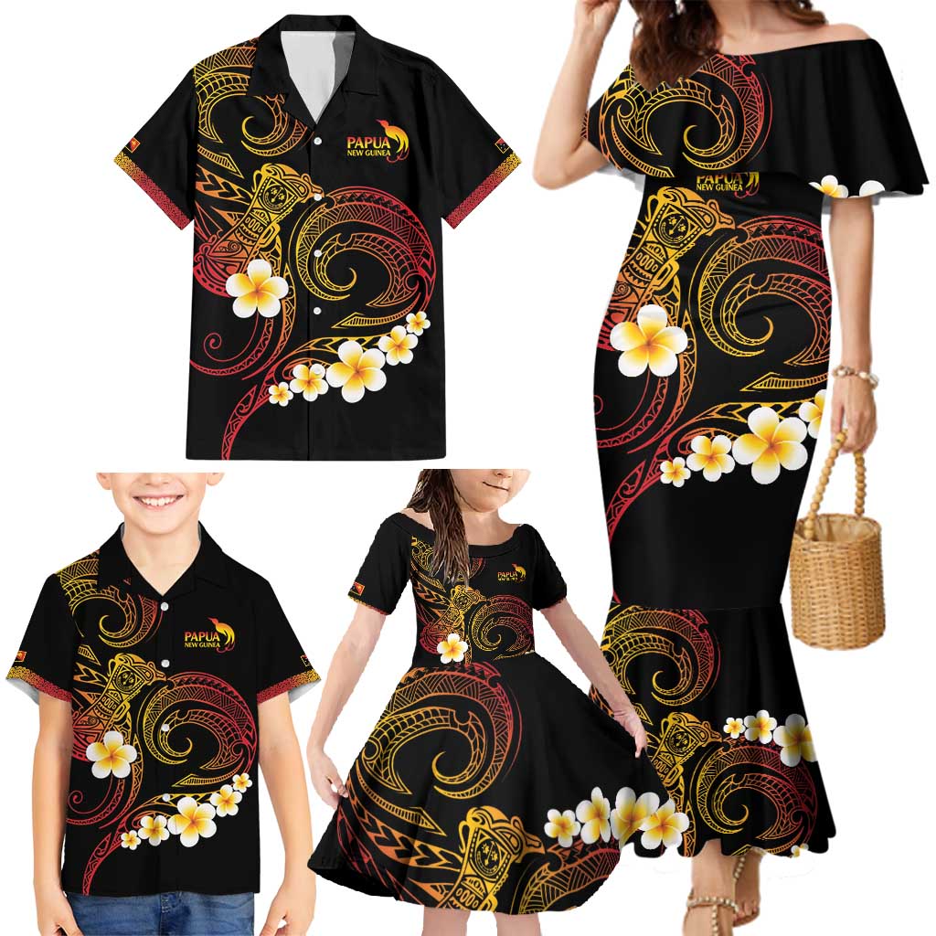 Personalised Papua New Guinea Sepik Family Matching Mermaid Dress and Hawaiian Shirt Plumeria Floral Tribal Pattern - Polynesian Pride