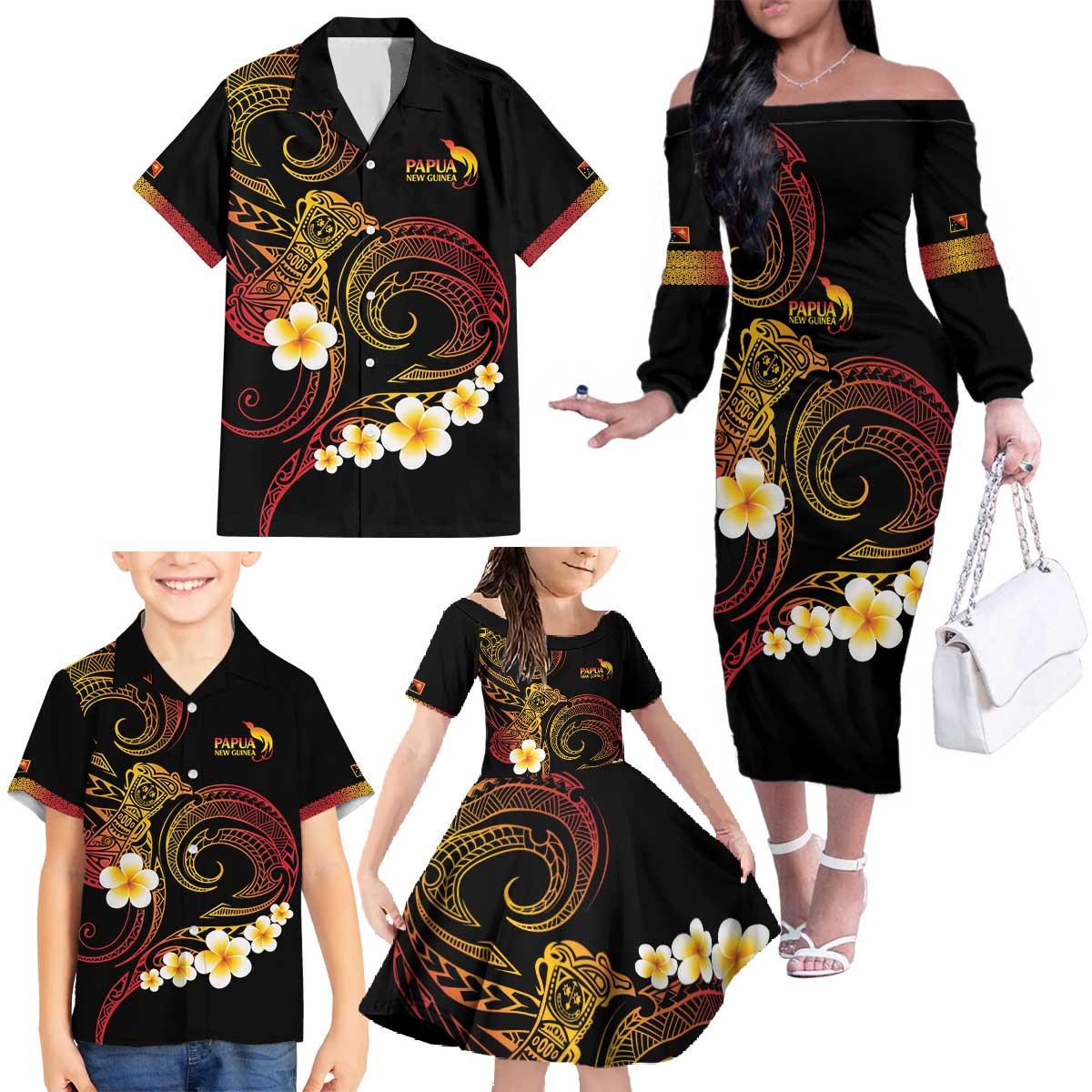 Personalised Papua New Guinea Sepik Family Matching Off The Shoulder Long Sleeve Dress and Hawaiian Shirt Plumeria Floral Tribal Pattern - Polynesian Pride