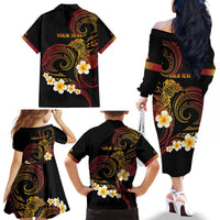 Personalised Papua New Guinea Sepik Family Matching Off The Shoulder Long Sleeve Dress and Hawaiian Shirt Plumeria Floral Tribal Pattern - Polynesian Pride