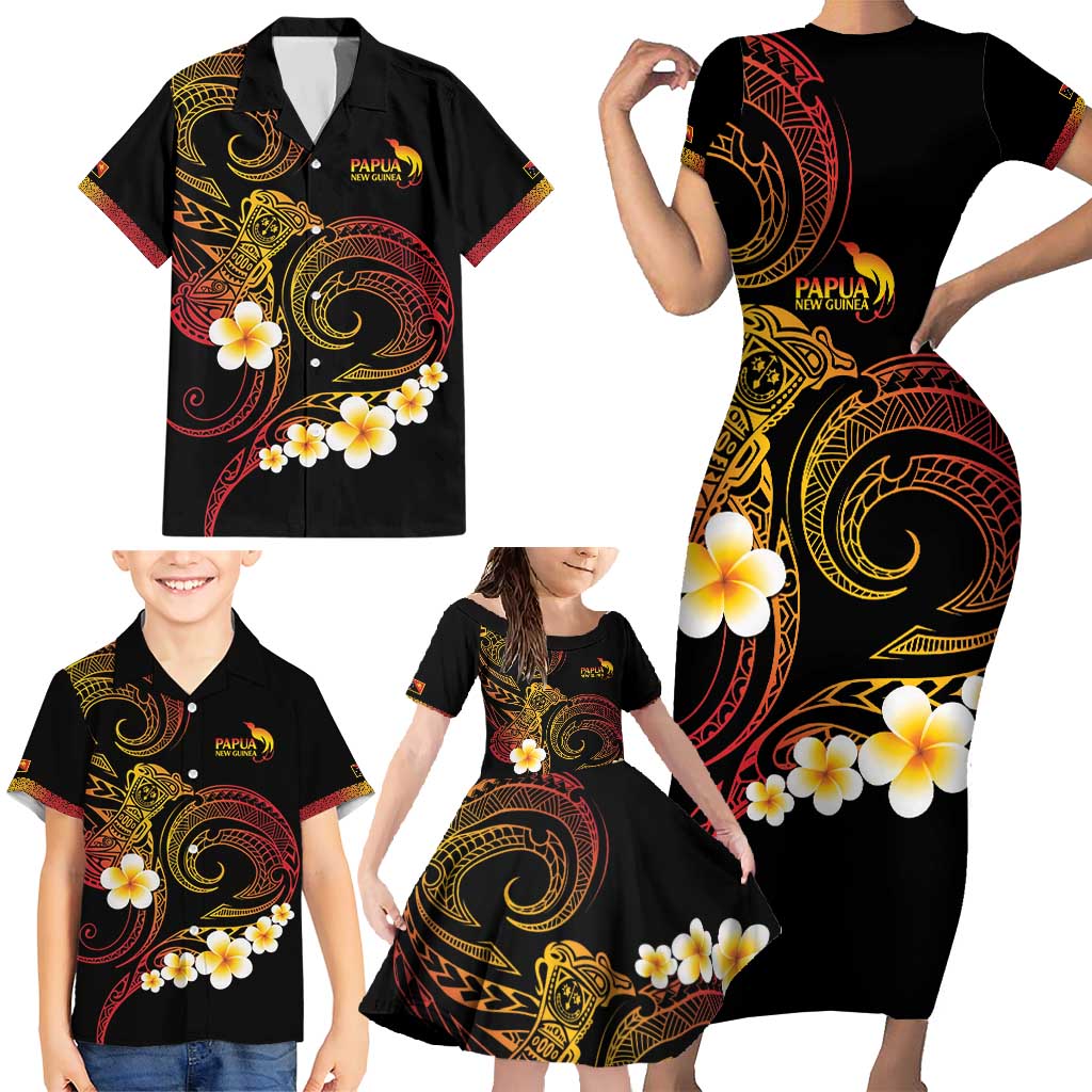 Personalised Papua New Guinea Sepik Family Matching Short Sleeve Bodycon Dress and Hawaiian Shirt Plumeria Floral Tribal Pattern - Polynesian Pride