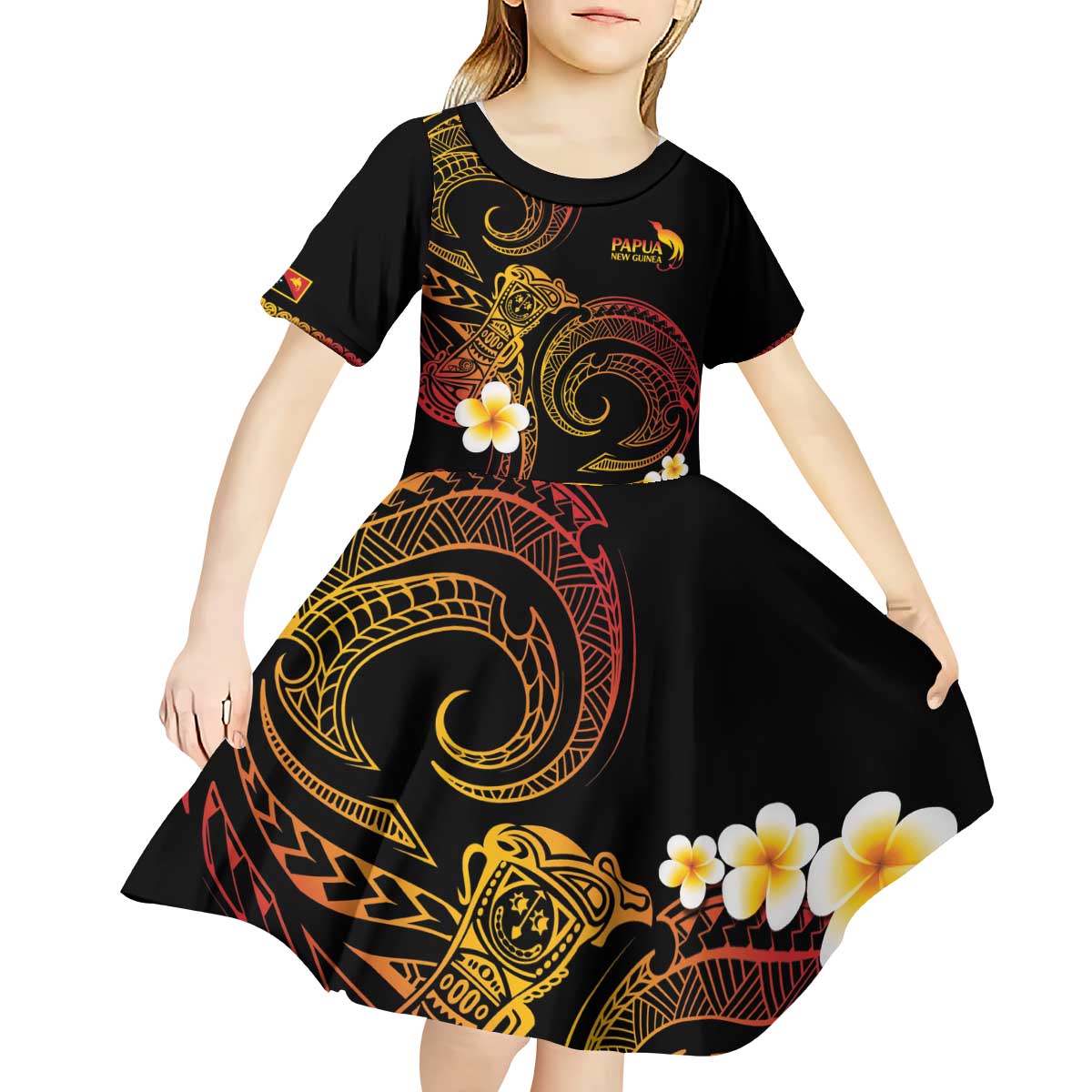Personalised Papua New Guinea Sepik Kid Short Sleeve Dress Plumeria Floral Tribal Pattern - Polynesian Pride