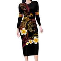 Personalised Papua New Guinea Sepik Long Sleeve Bodycon Dress Plumeria Floral Tribal Pattern - Polynesian Pride