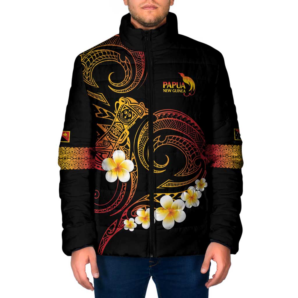 Personalised Papua New Guinea Sepik Padded Jacket Plumeria Floral Tribal Pattern - Polynesian Pride