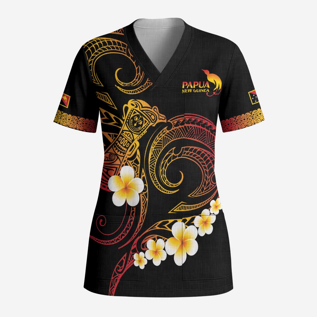 Personalised Papua New Guinea Sepik Scrub Top Plumeria Floral Tribal Pattern - Polynesian Pride