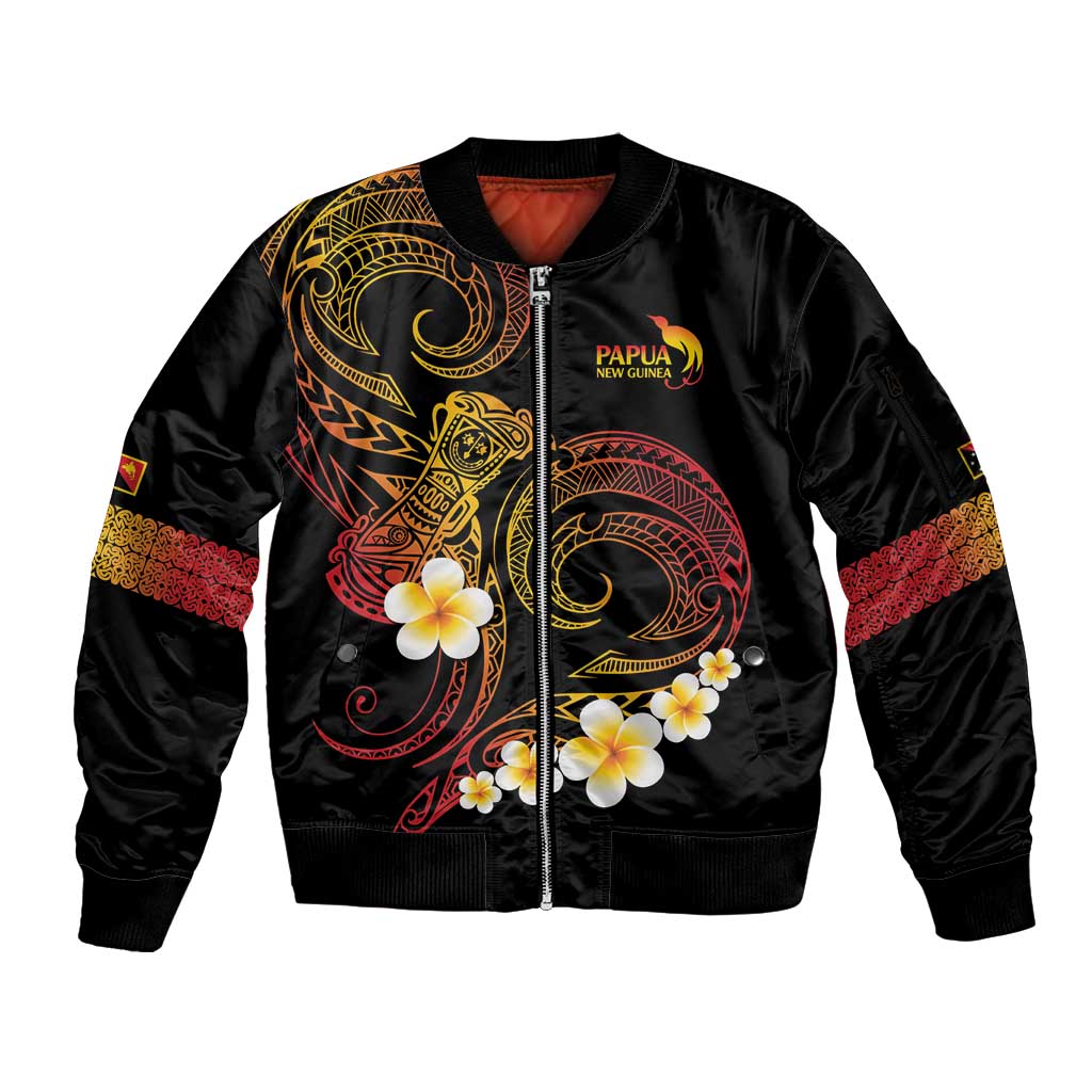 Personalised Papua New Guinea Sepik Sleeve Zip Bomber Jacket Plumeria Floral Tribal Pattern - Polynesian Pride