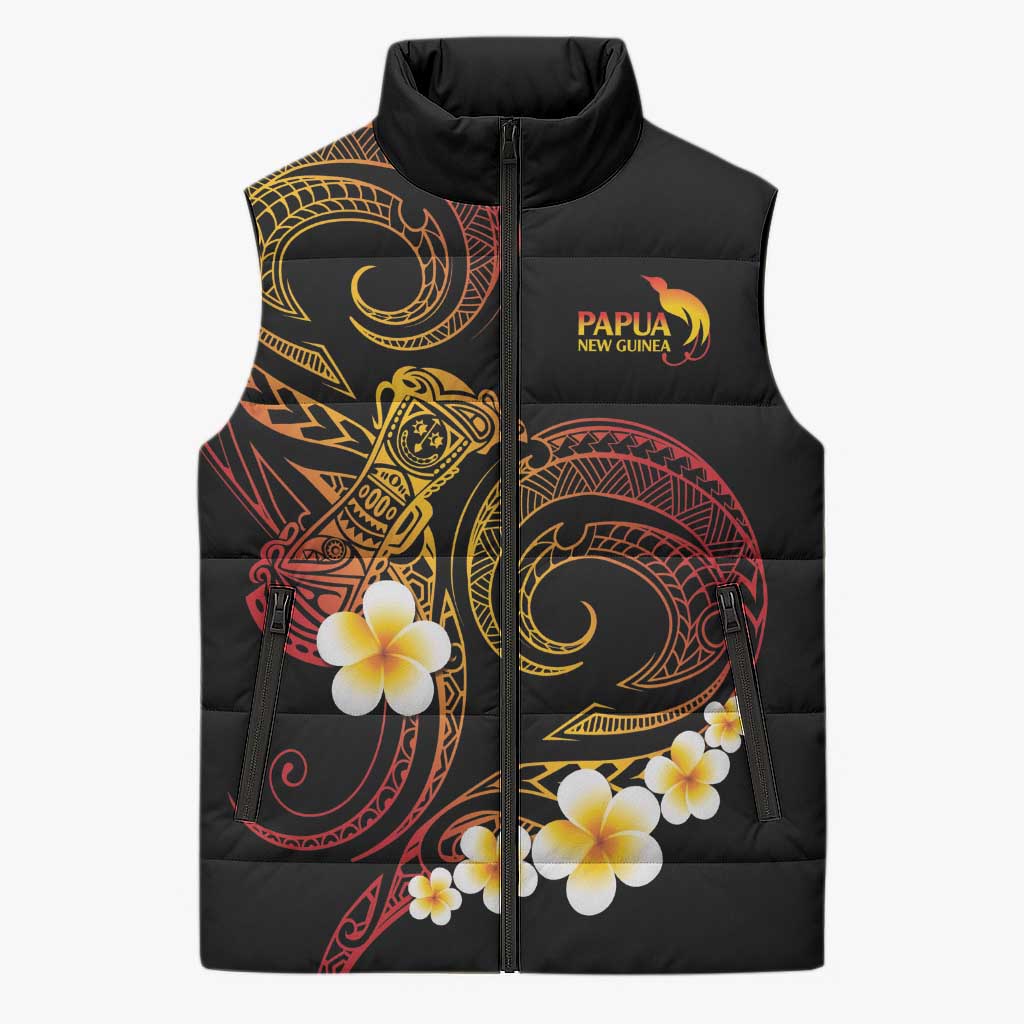 Personalised Papua New Guinea Sepik Sleeveless Puffer Jacket Plumeria Floral Tribal Pattern - Polynesian Pride