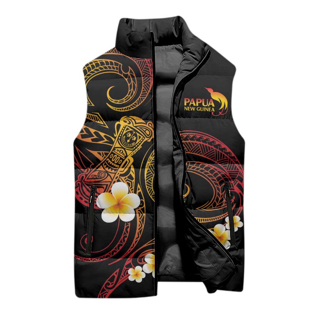 Personalised Papua New Guinea Sepik Sleeveless Puffer Jacket Plumeria Floral Tribal Pattern - Polynesian Pride