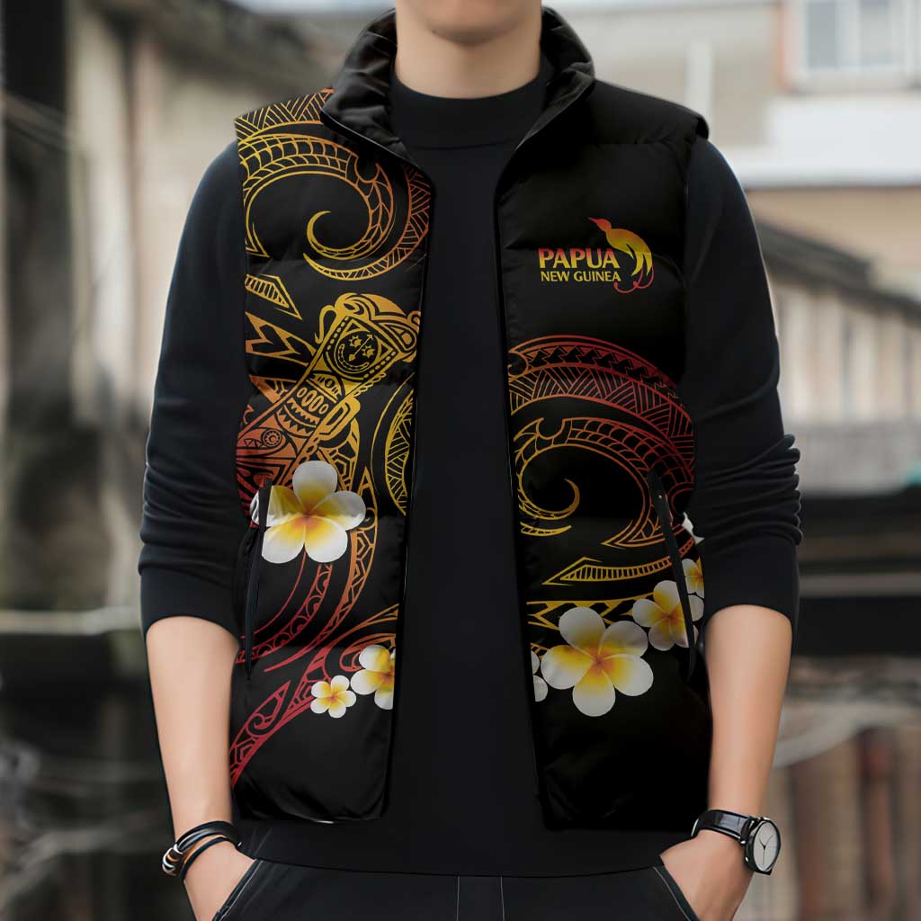 Personalised Papua New Guinea Sepik Sleeveless Puffer Jacket Plumeria Floral Tribal Pattern - Polynesian Pride