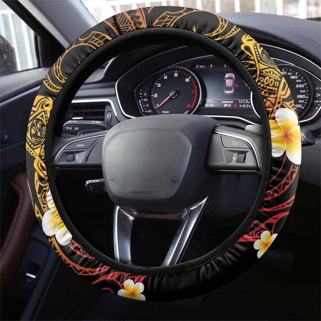 Papua New Guinea Sepik Steering Wheel Cover Plumeria Floral Tribal Pattern - Polynesian Pride