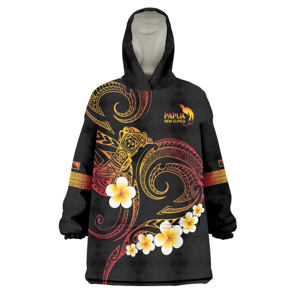 Personalised Papua New Guinea Sepik Wearable Blanket Hoodie Plumeria Floral Tribal Pattern - Polynesian Pride