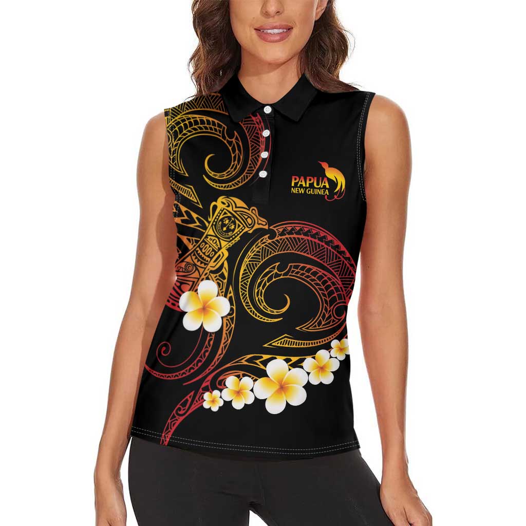 Personalised Papua New Guinea Sepik Women Sleeveless Polo Shirt Plumeria Floral Tribal Pattern - Polynesian Pride