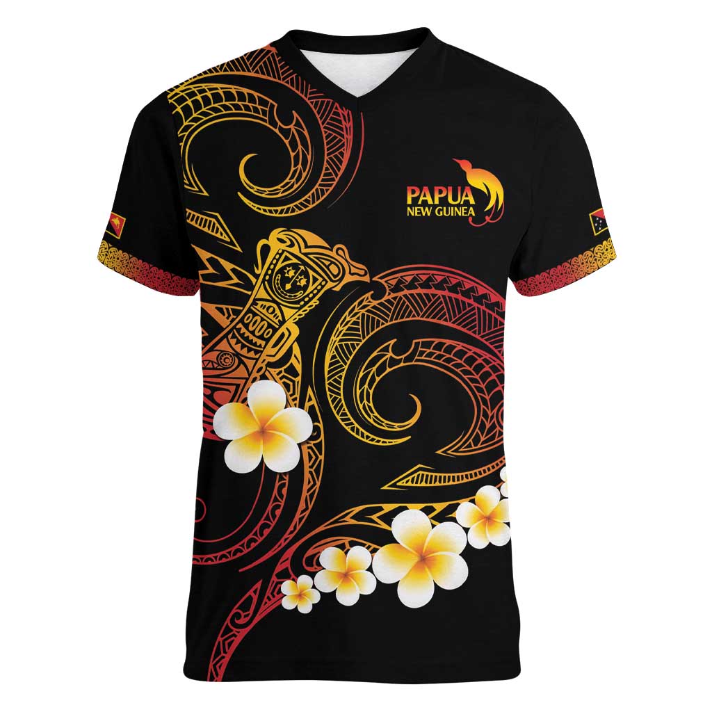 Personalised Papua New Guinea Sepik Women V-Neck T-Shirt Plumeria Floral Tribal Pattern - Polynesian Pride