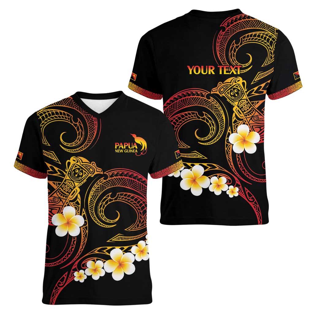 Personalised Papua New Guinea Sepik Women V-Neck T-Shirt Plumeria Floral Tribal Pattern - Polynesian Pride