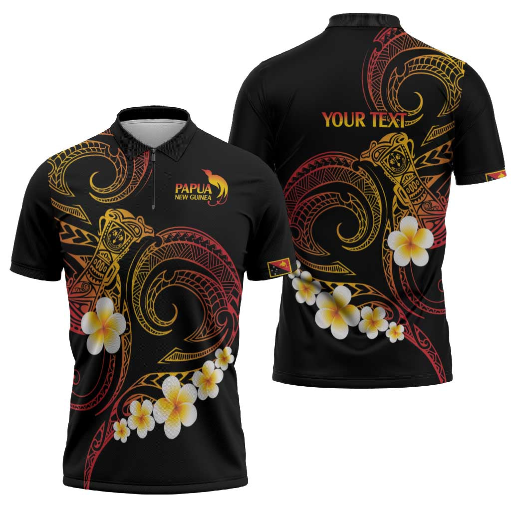 Personalised Papua New Guinea Sepik Zipper Polo Shirt Plumeria Floral Tribal Pattern - Polynesian Pride