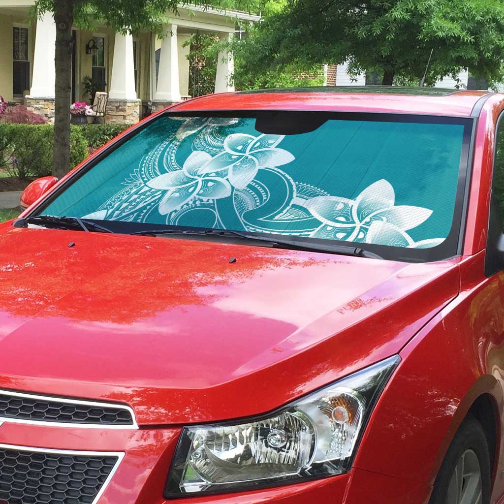 Polynesian Plumeria Flowers Tribal Auto Sun Shade Pacific Tattoo Teal Style - Polynesian Pride