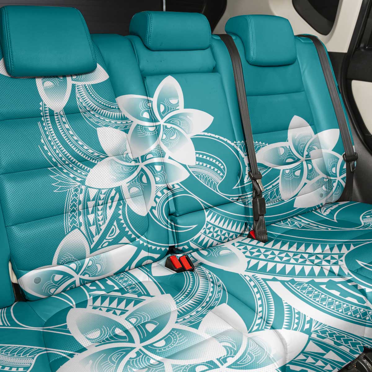 Polynesian Plumeria Flowers Tribal Back Car Seat Cover Pacific Tattoo Teal Style - Polynesian Pride