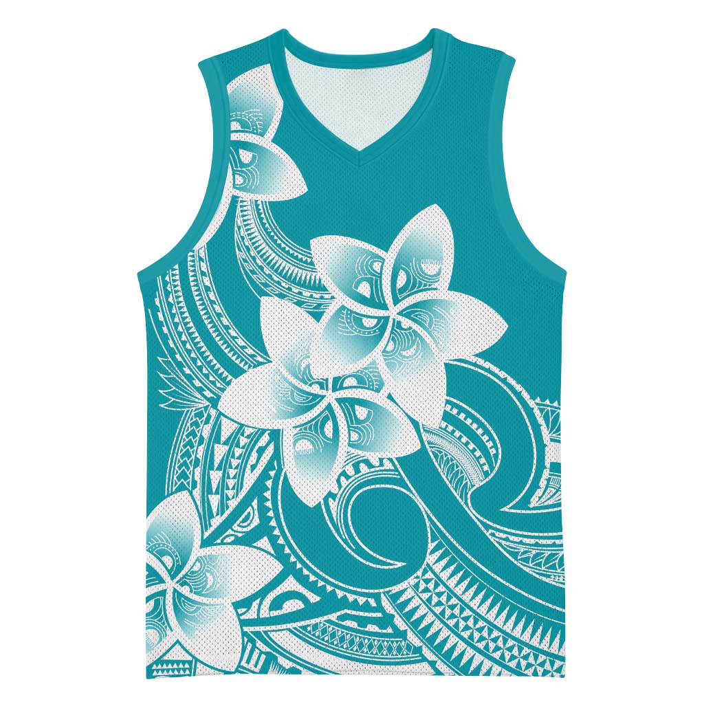 Polynesian Plumeria Flowers Tribal Basketball Jersey Pacific Tattoo Teal Style LT9 Unisex Teal - Polynesian Pride