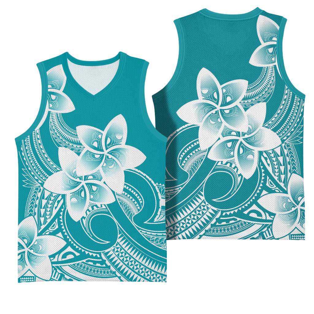 Polynesian Plumeria Flowers Tribal Basketball Jersey Pacific Tattoo Teal Style LT9 - Polynesian Pride